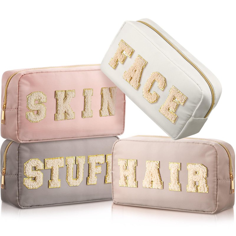 Cunno Preppy Makeup Bags Chenille Letter Stuff Bag Nylon Cosmetic Pouch Cases with Zipper for Women Travel Toiletry(Apricot Color,Classic,4 Pcs)