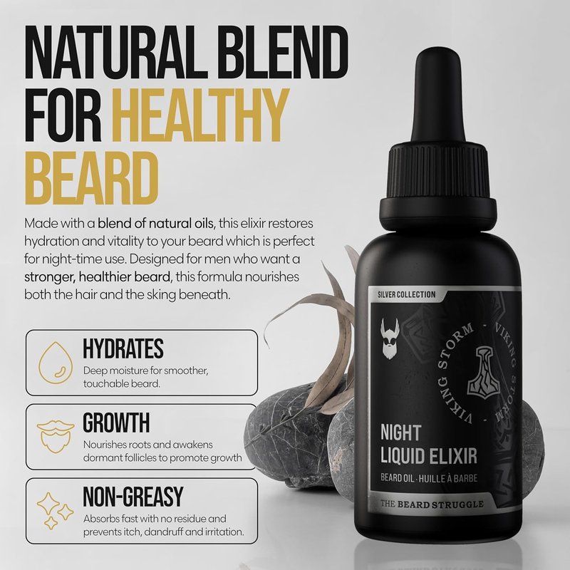 The Beard Struggle - Beard Oil for Men - Natural Blend for Softens, Moisturizing, & Healthier Beard Growth - Viking Storm Night Liquid Silver Elixir - Vegan-Friendly Beard Growth Oil (1 Fl oz)