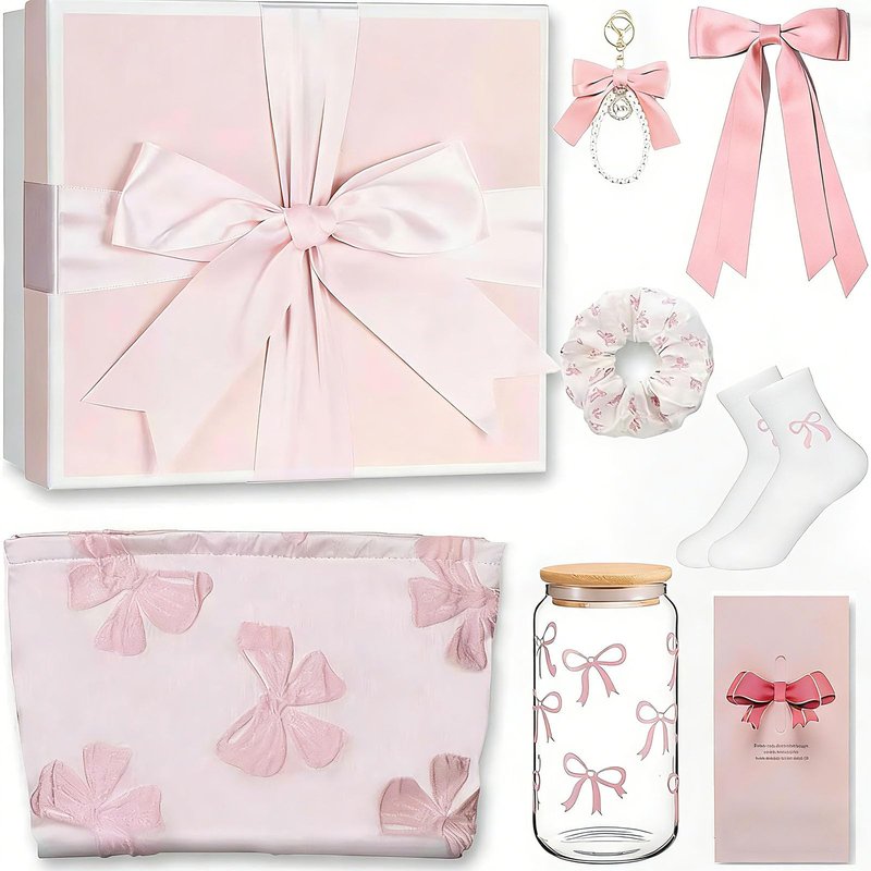 Pink Bow Stuff Gift with Preppy Makeup Bag, Bow Cup, Bow Keychain, Socks, Hairband, Coquette Stuff Presents Set for Teen Girls Women Sister Friend