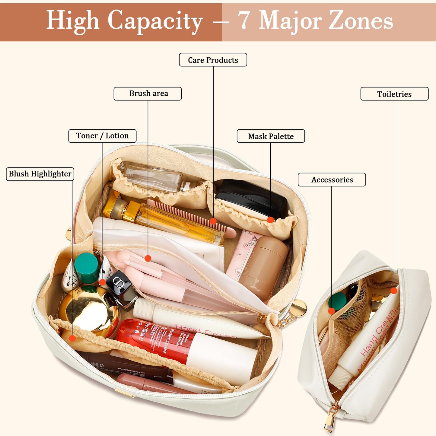 CLOUDWINGS Birthday Gifts for Women Teen Girl, Personalized Initial Makeup Organizer Bag Set, Open Flat Travel Cosmetic Bag With Clear Divider and Handle(Beige,M)