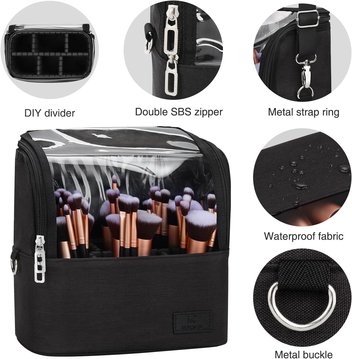 Makeup Brush Organizer - Travel-Friendly Stand-Up Holder with Adjustable Divider | Large Black Cosmetic Case