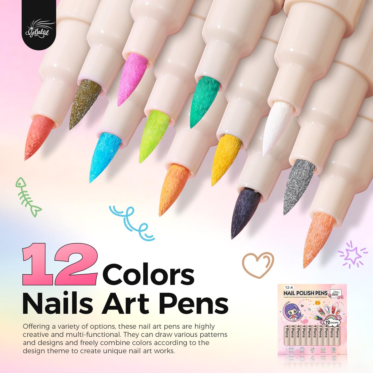 GELLAKTIK 12 Colors Nail Art Pens Set, 3D Nail Polish Pens, Quick-Drying Acrylic Paint Markers, 0.7mm Dotting Painting Liner Brush for DIY Nail Design, Home & Salon Manicure Tools