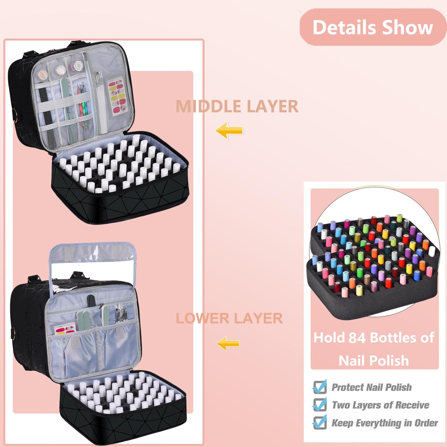 FCQQYWZ Large Nail Polish Organizer Case Hold 84+ Bottles Nail Polish & Nail Lamp, 3 Layers Nail Organizers and Storage for Nail Tech with Divider, Travel Carrying Case(Black)