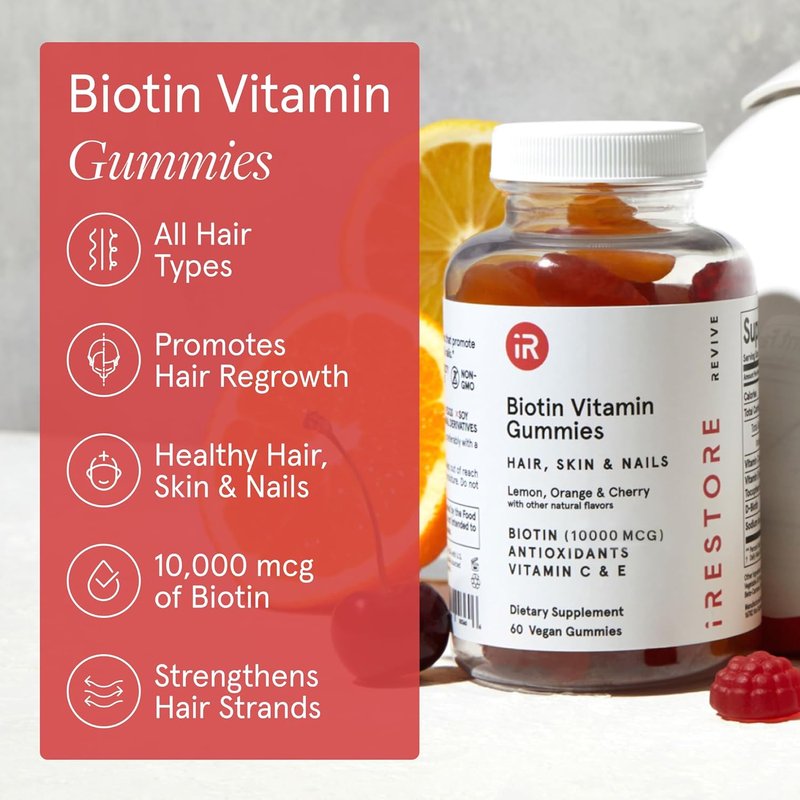 iRestore Biotin Gummies - 10,000 mcg Hair Vitamins for Healthy Skin & Nails | 60 Vegan Gummies, 30-Day Supply