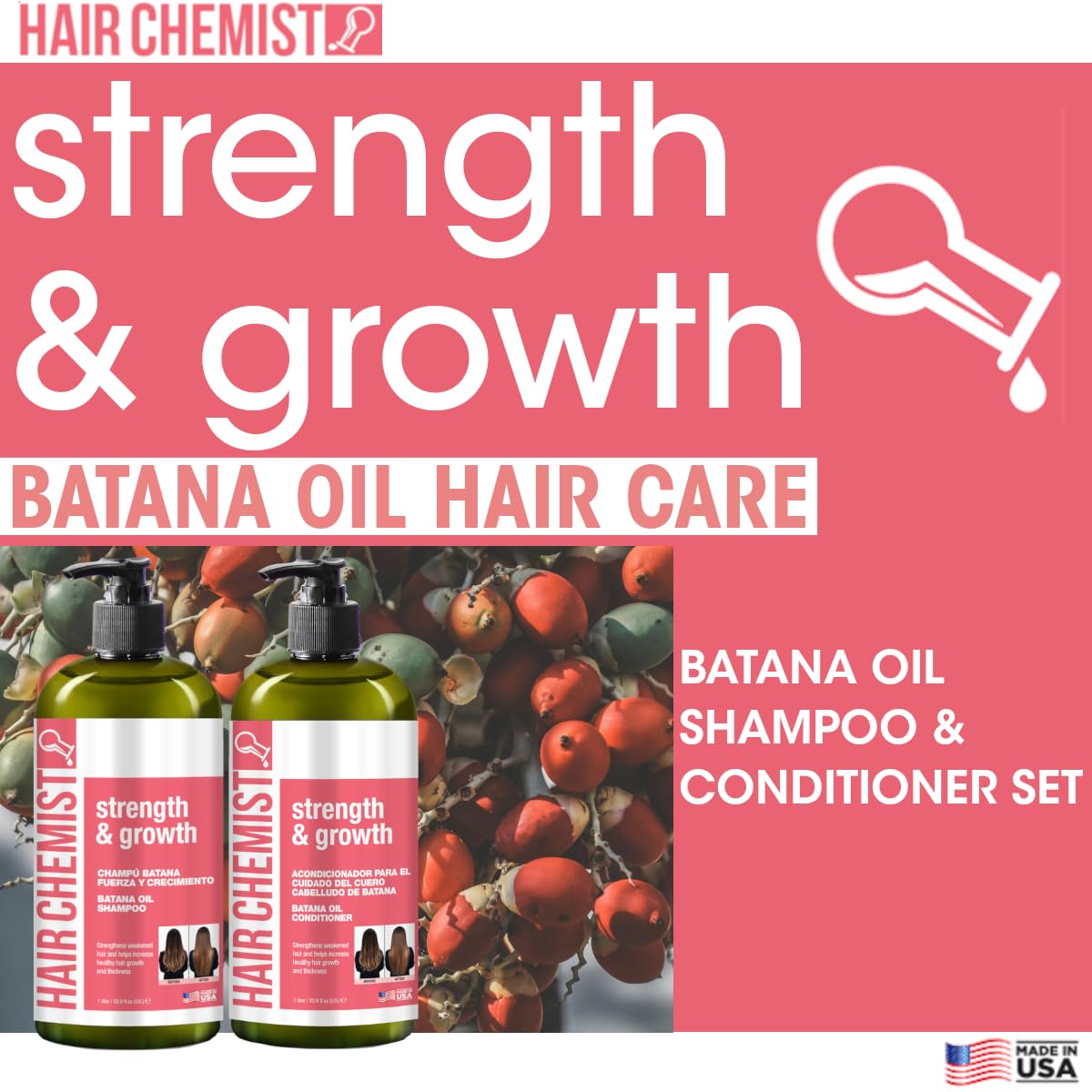 Hair Chemist Strength & Growth Batana Oil Shampoo and Conditioner Set 33.8 oz. (2-PC Set) - Batana Shampoo and Conditioner for Hair Growth, Thickening and Strength