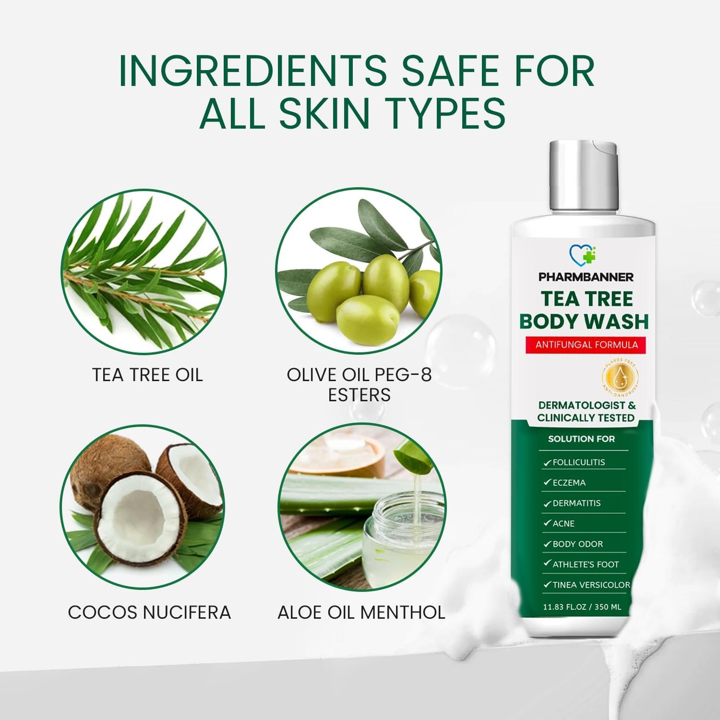PHARMBANNER Tea Tree Antifungal Body Wash – Soothes Folliculitis, Acne, Jock Itch, Athlete’s Foot, Ringworm, Tinea Versicolor, Body Odor, Eczema & Dermatitis-Prone Skin