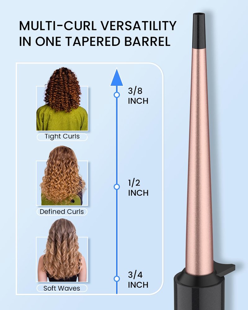 Tapered Curling Wand for Long Hair,3/8-3/4 Inch Curling Iron Ceramic Barrel,Dual Voltage Tapered Wand Iron 0.38" to 0.75",Heat-Resistant Glove(225-450℉)