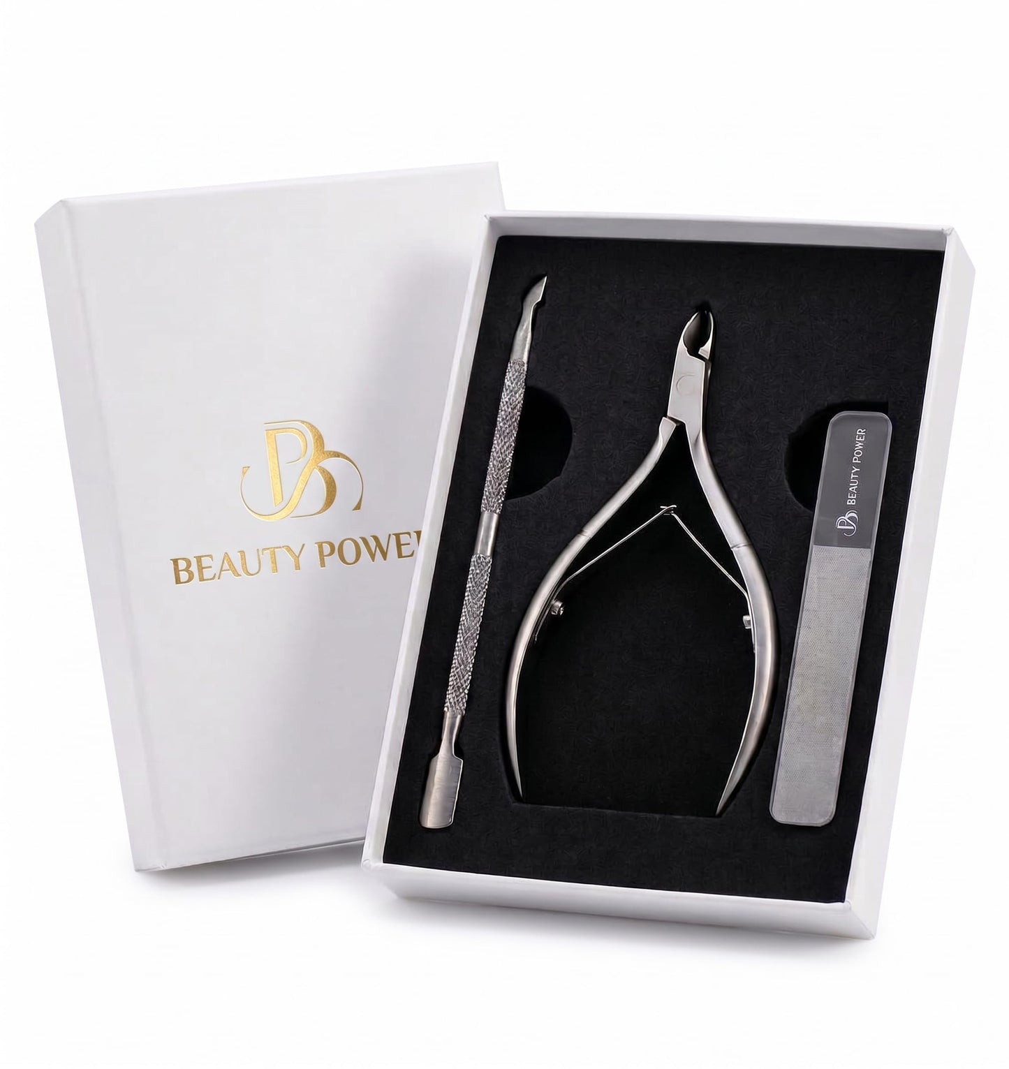 Beauty Power Cuticle Trimmer with Cuticle Pusher & Nano Nail File - Cuticle Nipper Cuticle Remover - Professional Stainless Steel Clippers Pedicure Manicure Tools for Fingernails - Gift Idea