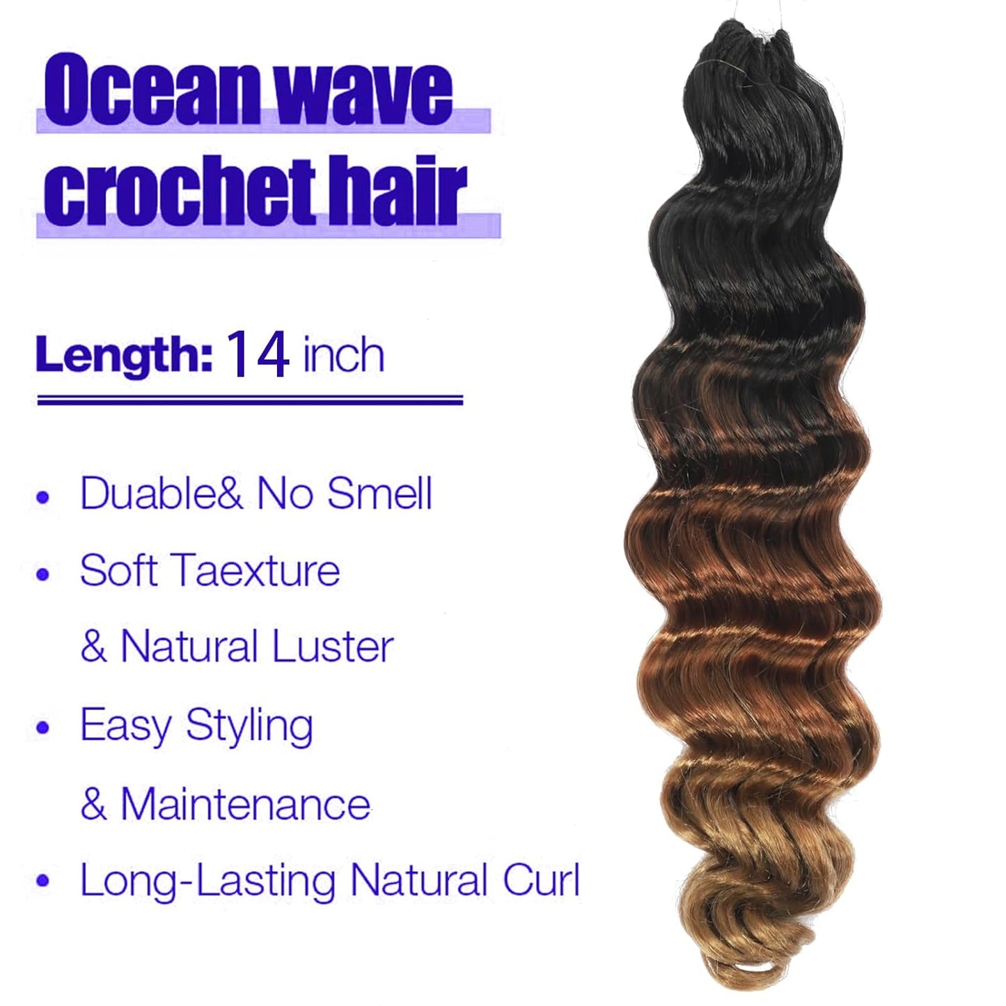 Brown Blonde Ocean Wave Crochet Hair - 14 Inch Deep Wave Synthetic Braids | 7 Packs T1/30/27