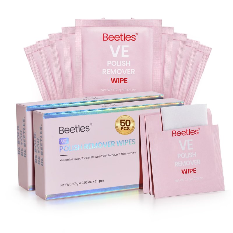 Beetles Nail Polish Remover Wipes - Non-Acetone, 50 Pack 2-in-1 Remove & Nourish Nail Polish Remover Pads - Travel Size, Individually Wrapped with Vitamin E for Quick Dry Nails Polish