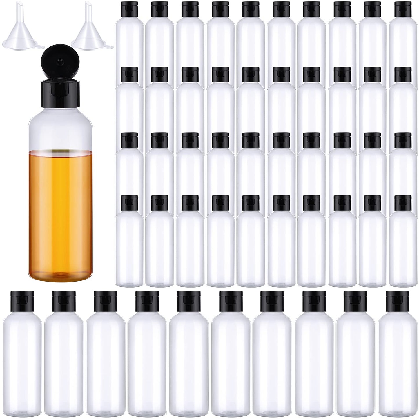 Nuenen 50 Pcs 3.4 oz Travel Size Bottles with Flip Cap Plastic 100ml Travel Bottle TSA Approved for Toiletries with 2 Funnels Small Leakproof Empty Refillable Squeeze Shampoo Containers(Clear, Black)