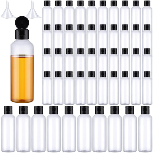 Nuenen 50 Pcs 3.4 oz Travel Size Bottles with Flip Cap Plastic 100ml Travel Bottle TSA Approved for Toiletries with 2 Funnels Small Leakproof Empty Refillable Squeeze Shampoo Containers(Clear, Black)
