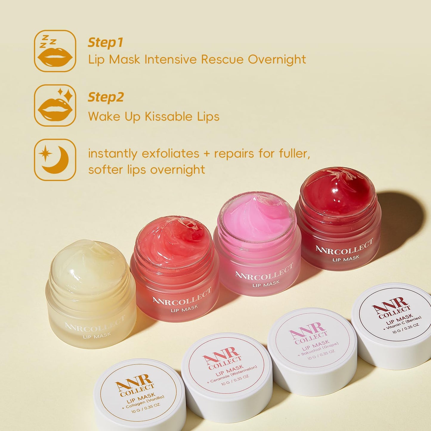 ANRCOLLECT Lip Mask Overnight Set, 4Pcs Lip Care Hydration Treatment Exfoliator Mask Kit, Revives & Nourishes Gift Set for All Day Moisturizing with Collagen & Shea Butter