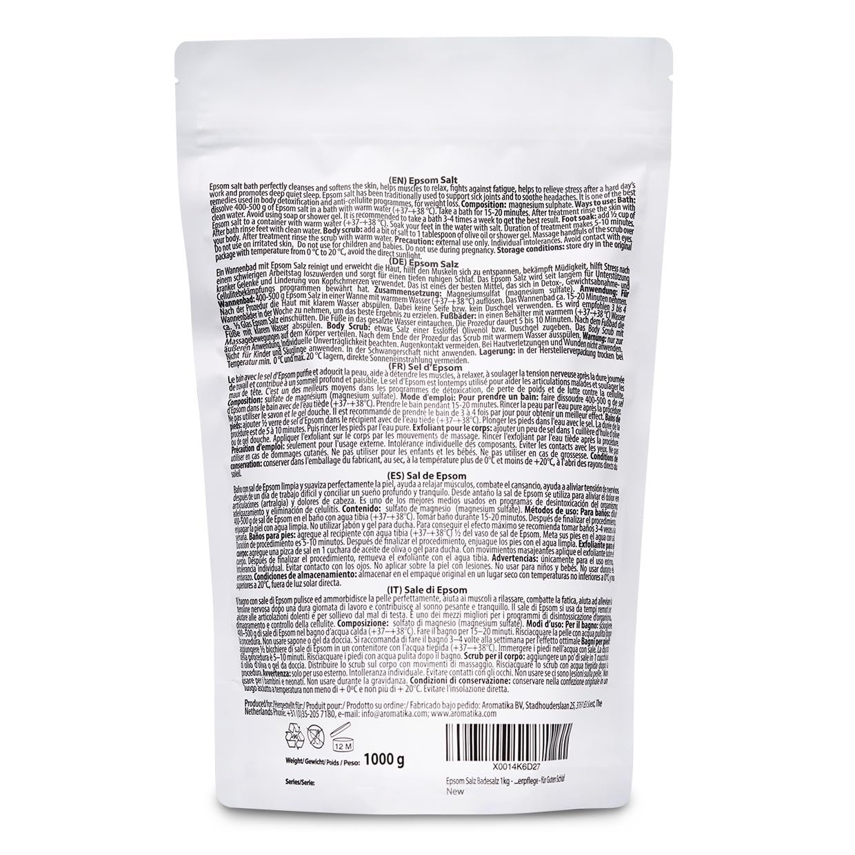 Epsom Salt Bath 1kg (35 oz) – 100% Pure Magnesium Sulphate – Relaxing & Detoxifying – Body Care & Better Sleep