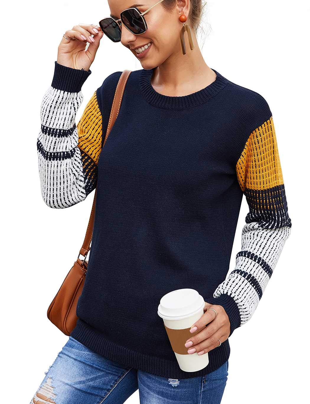 koitmy Women's Cute Contrast Sleeve Knitted Pullover Sweater Navy