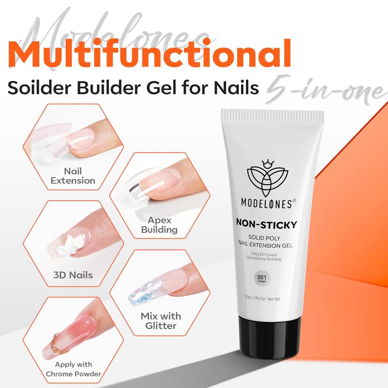 modelones Solid Builder Gel for Nails, Clear Poly Nail Gel Extension Non-Sticky Gel Nail Polish Apply Upgraded 3D Art Sculpting Molding Starter-friendly 50g