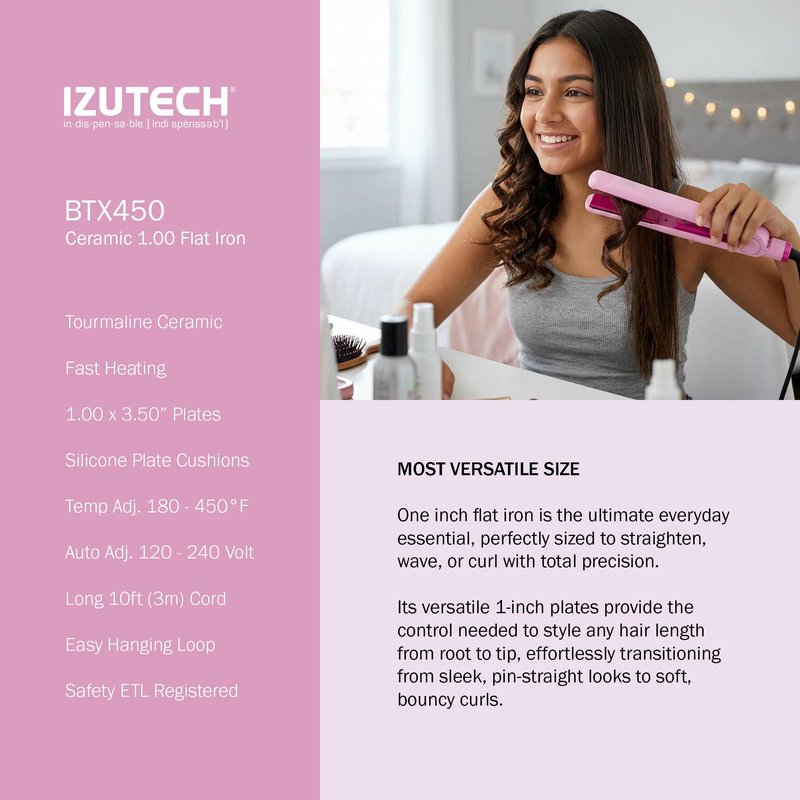 IZUTECH BTX450 1 Inch Tourmaline Ceramic Flat Iron Hair Straightener, Professional Salon Negative Ion Straightener with Adjustable Temperature for All Hair Types, Anti-Frizz High Shine, Pink