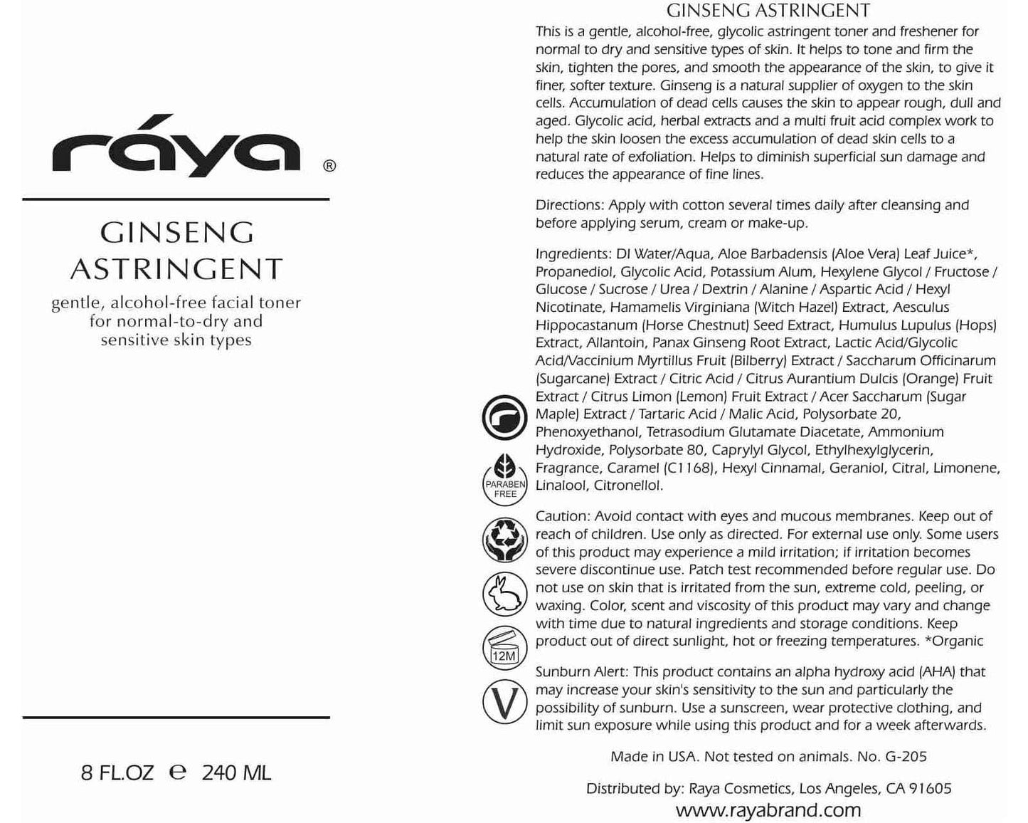 RAYA Ginseng Astringent with AHA 8 oz (G-205) | Gentle Glycolic Facial Toner for Dry and Sensitive Skin | Helps Tighten Pores, Smooth Complexion, and Reduce Fine Lines | Made with Alpha Hydroxy Acids