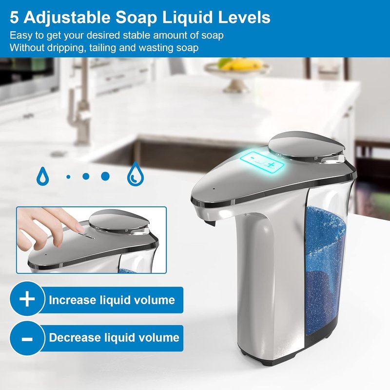 Automatic Soap Dispenser - Touchless 17oz Liquid Hand Dispenser with Infrared Sensor | Adjustable Levels, Silver