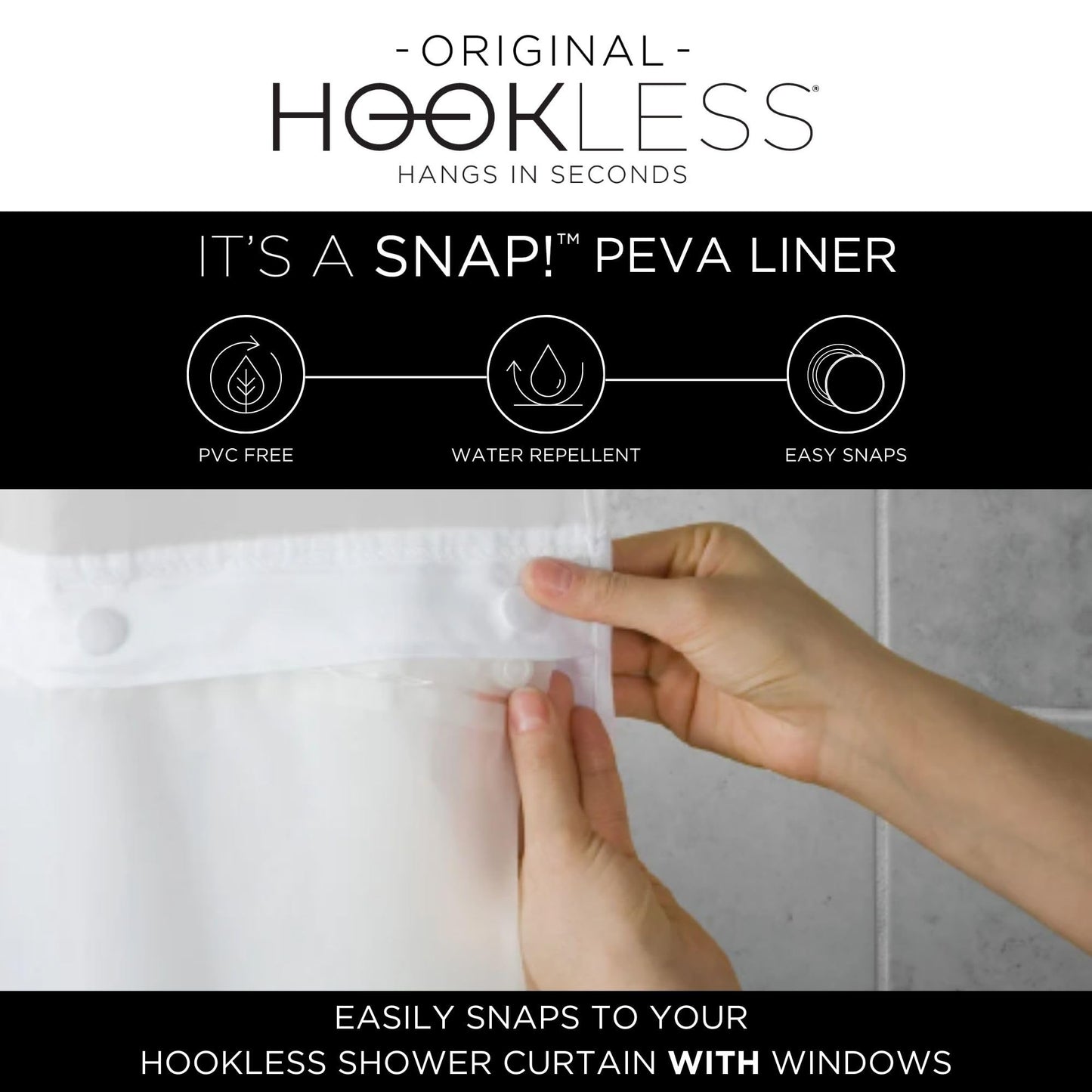 Hookless It's A Snap! Plastic PEVA Snap-In Replacement Shower Curtain Liner for Hookless Curtain with Sheer Window, 70" x 54", Water-Repellent, Easy Install, Frost
