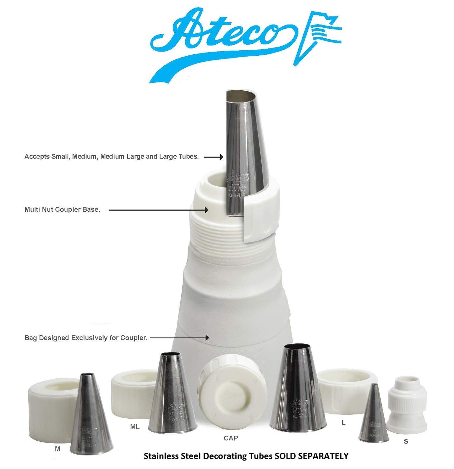 Ateco Universal Pastry Coupler and Cap Set | 7 Piece Set | Works with 250 Ateco decorating Tubes plus tips from other brands