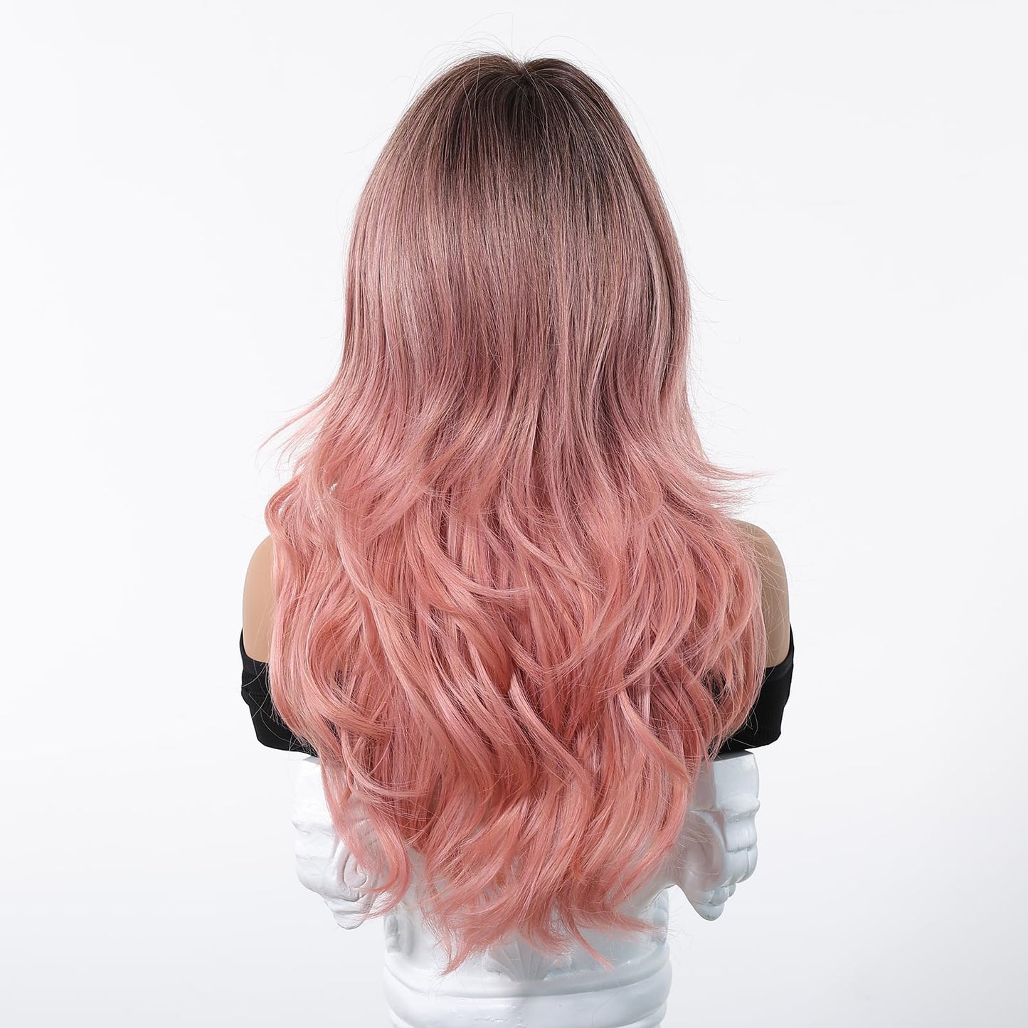 Osicapea Ombre Pink Wigs with Bangs for Women, Natural Wavy Curly Hair Woman Heat Resistant Synthetic Wig 22 Inch Long Wig for Women's Cosplay Costume Party Daily Use