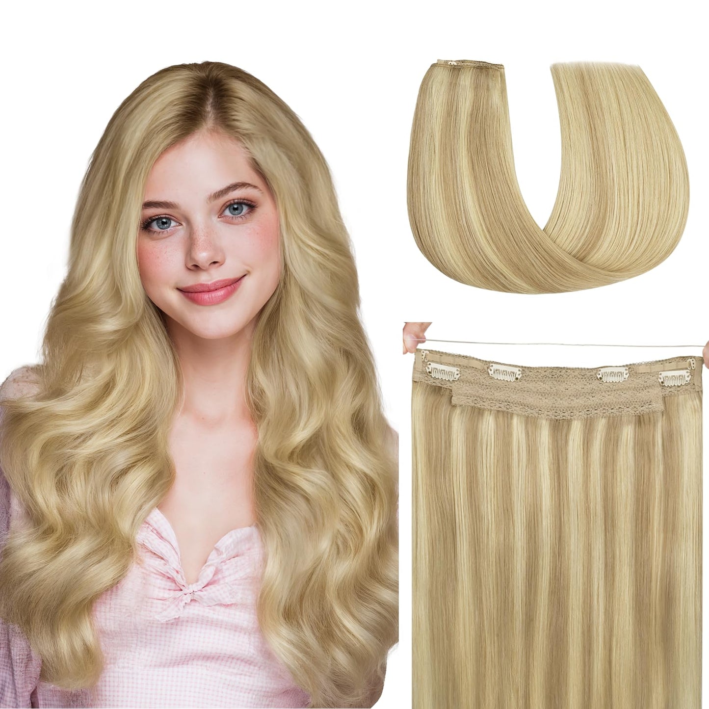 HOTBANANA Wire Extensions for Women, 12 Inch 70g Ash Tone Light Blonde Highlighted Golden Blonde, Invisible Fish Line Wire Hair Extensions Real Human Hair