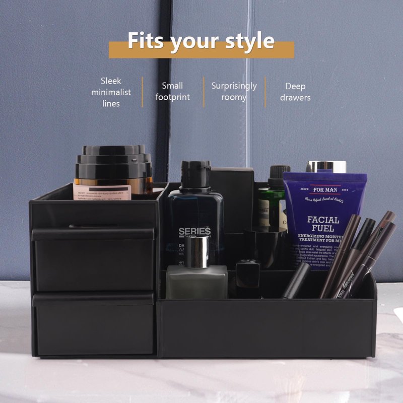 Decorcode Black Vanity Organizer with Drawers – Large Mens Countertop Storage Box for Cologne, Skincare, Makeup, Perfume – Waterproof Dresser Organizer for Bathroom, Bedroom, Desk