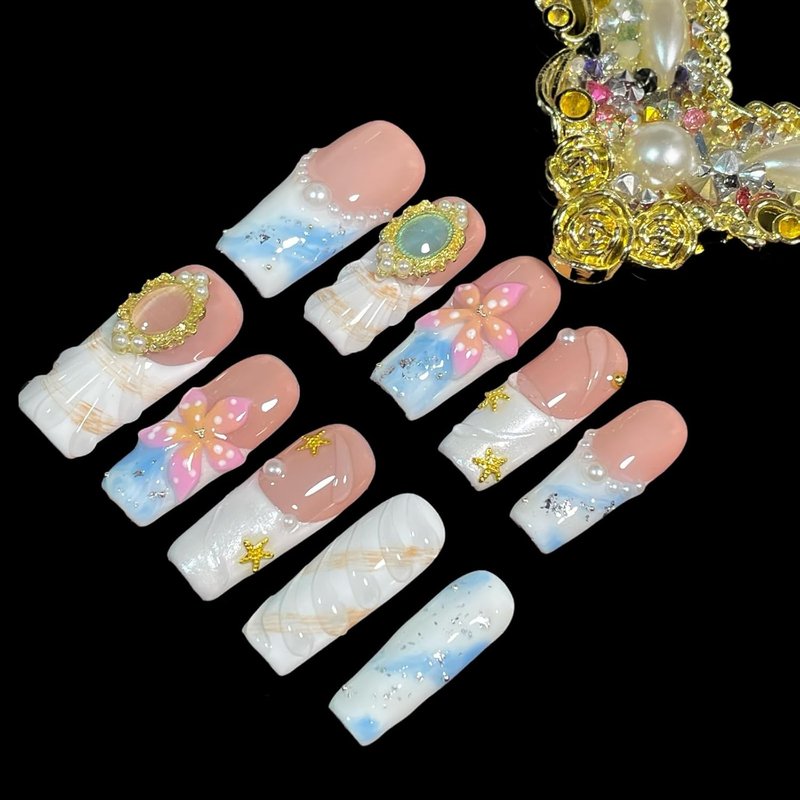 Handmade Press On Nails - Pink 3D Floral & Gold Decor | Medium Long Square Reusable Acrylic Tips (Petal Mirage, Size S)