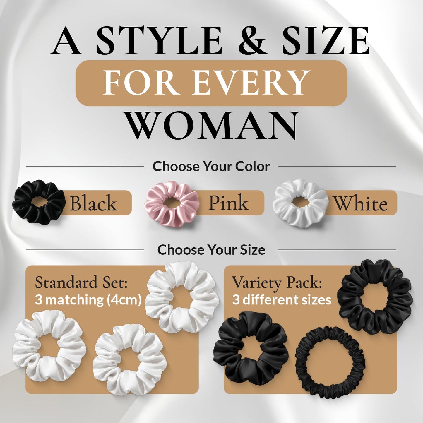 FORBDNSILK 100% Pure 22 Momme Mulberry Silk Scrunchies (Set of 3) | Highest grade (6A) Luxury Hair Ties| (Black,White,Pink) | (Black, Standard)