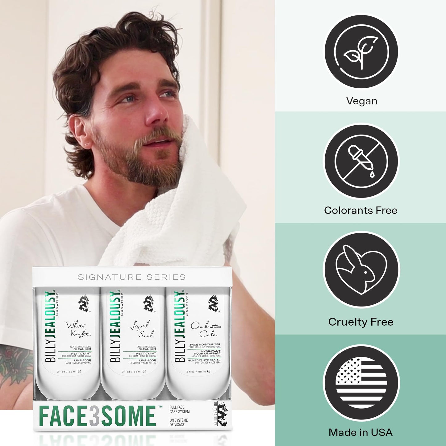 Billy Jealousy Face3Some Face Trio Vegan Mens Skin Care Kit with Travel Size Toiletries, Daily Facial Cleanser, Exfoliating Facial Cleanser and Skincare Moisturizer, Gentle Fresh Scent