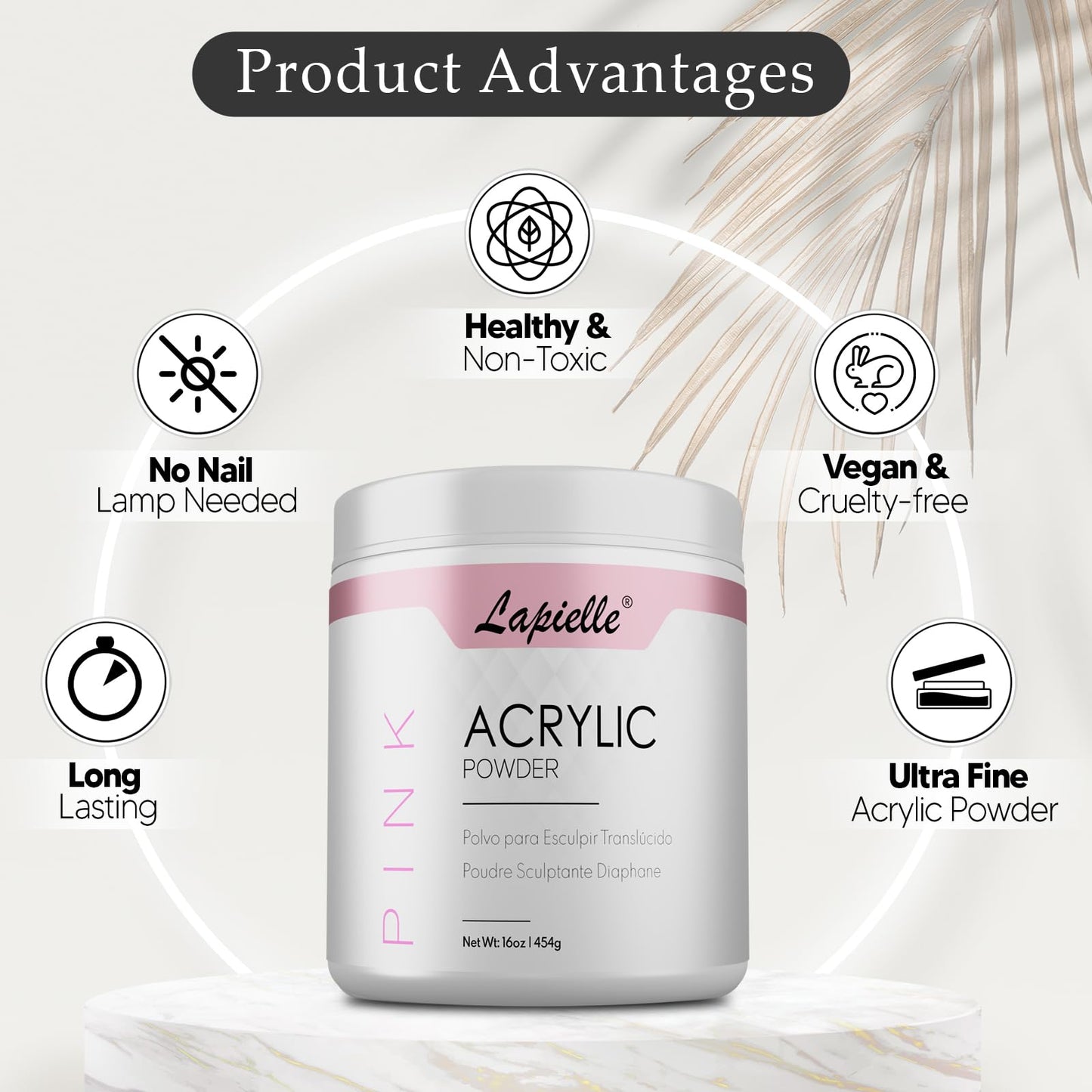 Lapielle Professional Acrylic Powder for Nail Art. Long-lasting, Large capacity and quick dry. Quality Salon Manicure Nail extension (16oz - 1lb - 454g) PINK