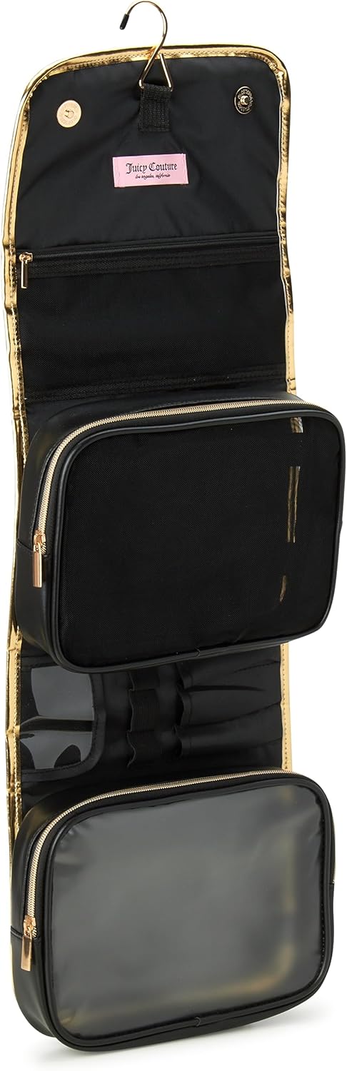 Juicy Couture Black Makeup Bag - Faux Quilted Leather Cosmetics Organizer with Hanging Hook | Travel Essentials