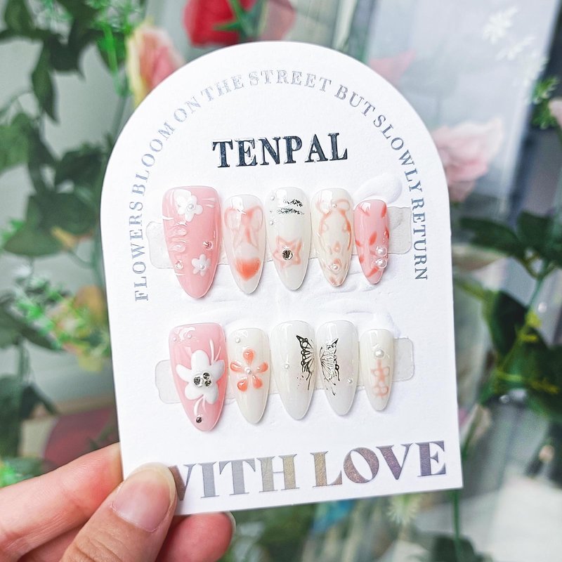 TENPAL Handmade Press on Nails Medium Almond Pink Acrylic Nails with Hand Painted Versatile Floral Bow Tie Designs Full Cover Reusable Fake Nails Press Ons 10pcs/box Glossy Glue on Nails(M)