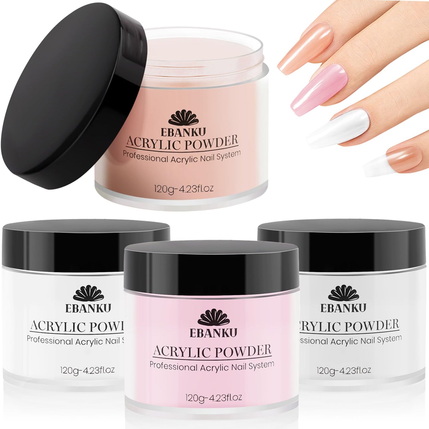 EBANKU Acrylic Powder Set Nude Pink Milky White Clear Big Capacity 4.23oz*4