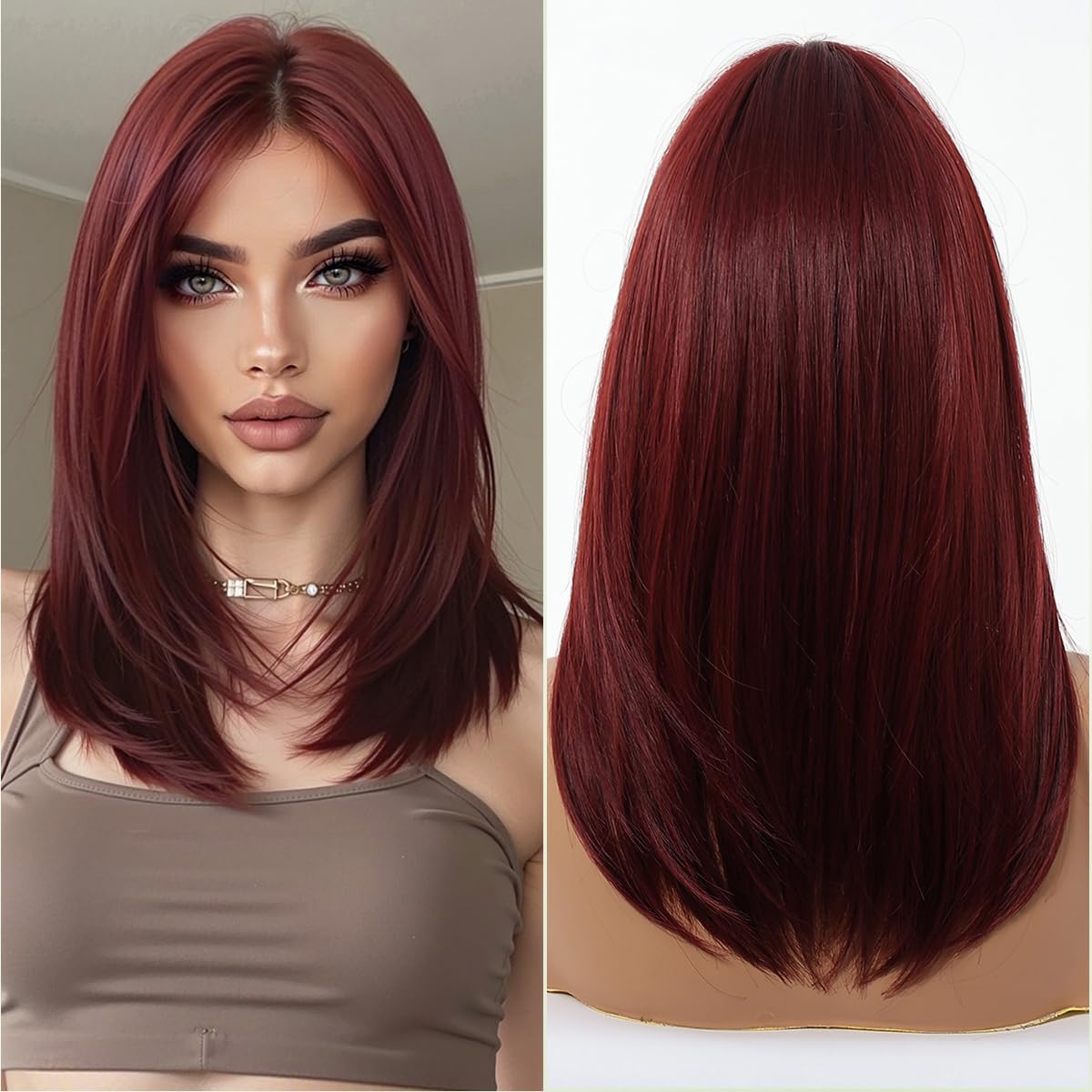 MS.FEEL Black Mixed Brown Wigs For Women Medium Length Layered Straight Wig Middle Part Glueless Synthetic Wigs for Daily Party Use 16 Inch