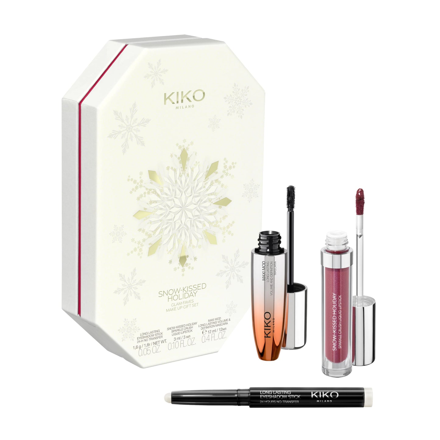 KIKO Milano Snow-Kissed Holiday Glam-Faves Make Up Gift Set, Makeup Gift Set: Volumising Mascara, Matt-To-Shimmering Lipstick And Eyeshadow Stick