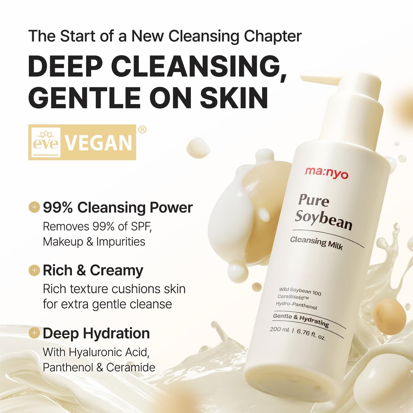 MANYO Pure Soybean Cleansing Milk - Hydrating Facial Cleanser with Hyaluronic Acid for Dry, Sensitive Skin | 6.76 fl oz (200ml)