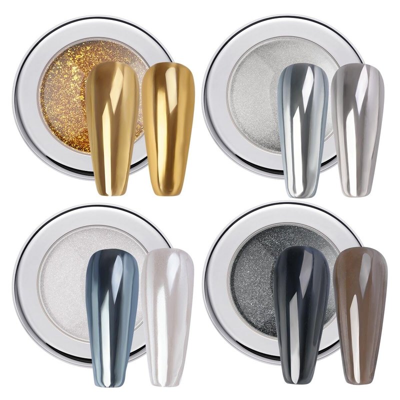 Chrome Nail Powder Set - 4 Jars Metallic Mirror Effect Pigments | Gold, Silver, Black & White Pearl