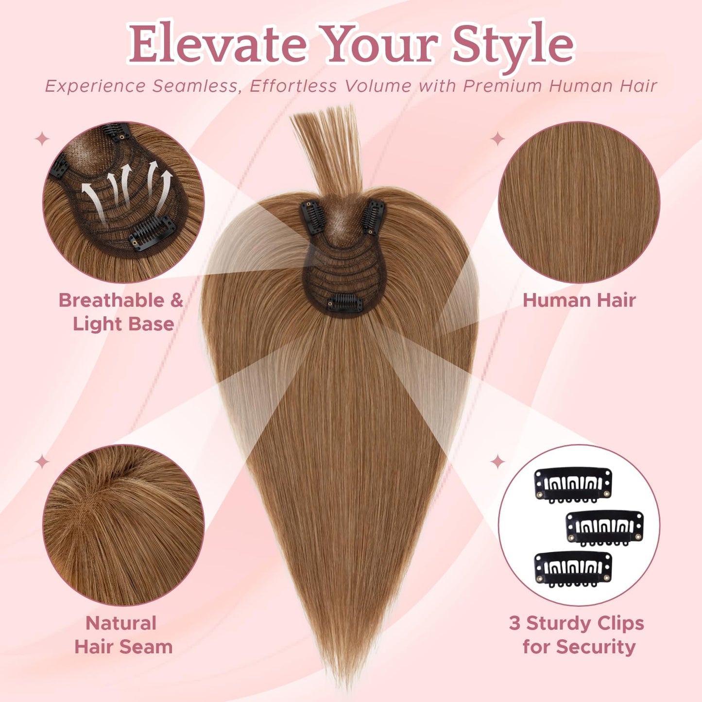 SEGO Pro Hair Topper with Front Bangs, 10 Inch Human Hair Topper for Thinning Hair, 3.15"x4.53" Silk Base for Hairline & Part Coverage, #6 Light Brown