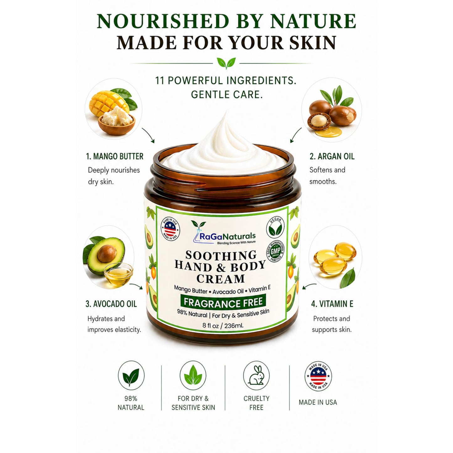 RaGaNaturals Fragrance Free Natural Hand and Body Cream - Moisturizer for Dry, Sensitive & Eczema-Prone Skin -Mango Butter, Argan Oil, Vitamin E -Unscented Non-Comedogenic Lotion for Women & Men -8 oz
