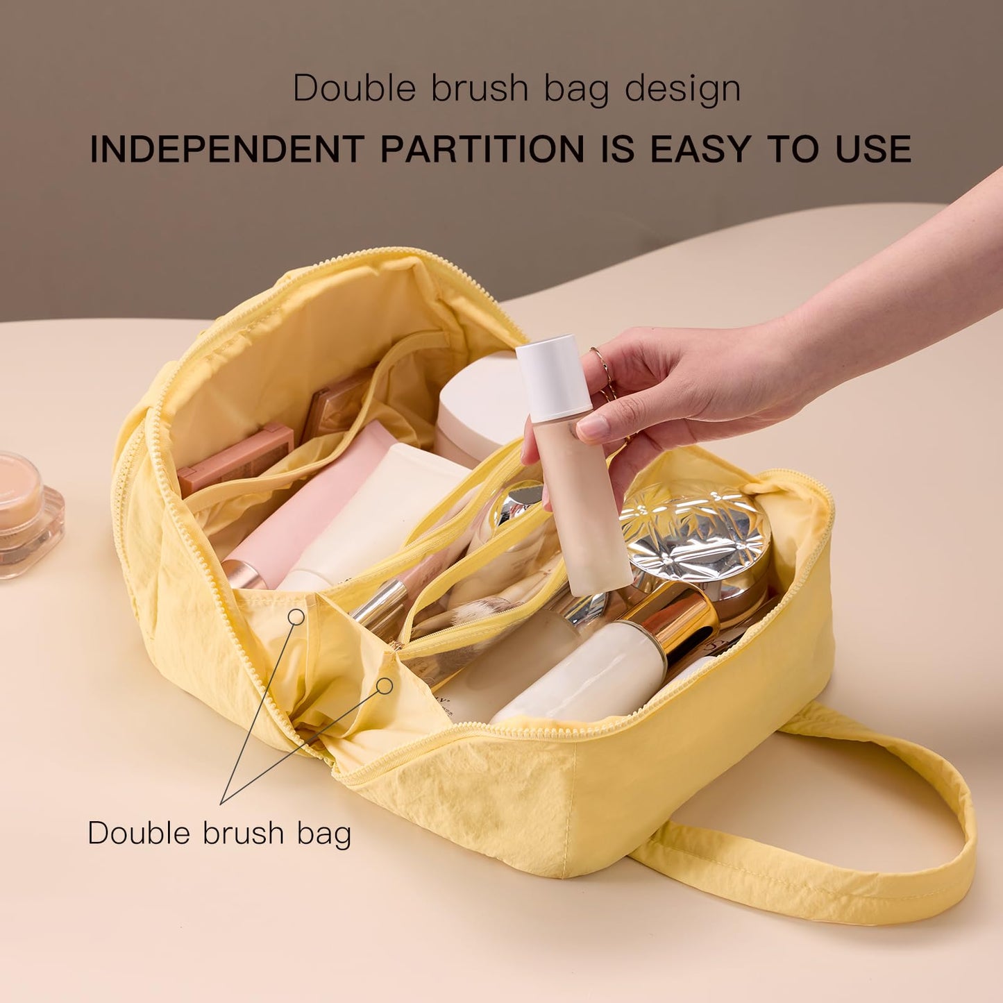 Dr.Cheese Makeup bag, Large Capacity Cosmetic Bag for Women, Portable Wide-open Toiletry Bag, Travel Makeup Bag with TPU Compartments for Accessories, Essentials, Toiletries, Makeup Brush Bag, Yellow