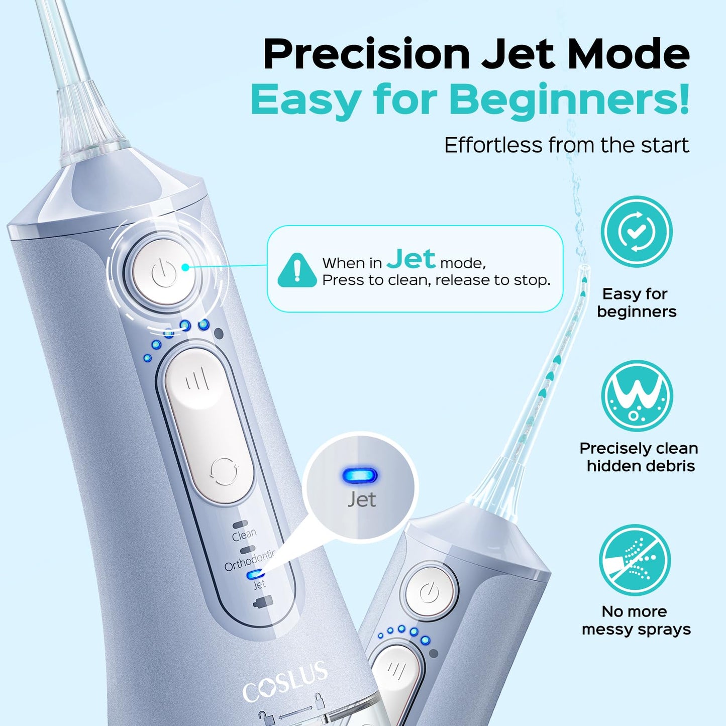 COSLUS C51 Portable Water Flosser for Teeth: 3 Modes & 6 Pressure Settings with Jet Mode Water Dental Pick for Orthodontic, Braces, Sensitive Gums, Compact for Travel, for Multiple Users, ADA Accepted