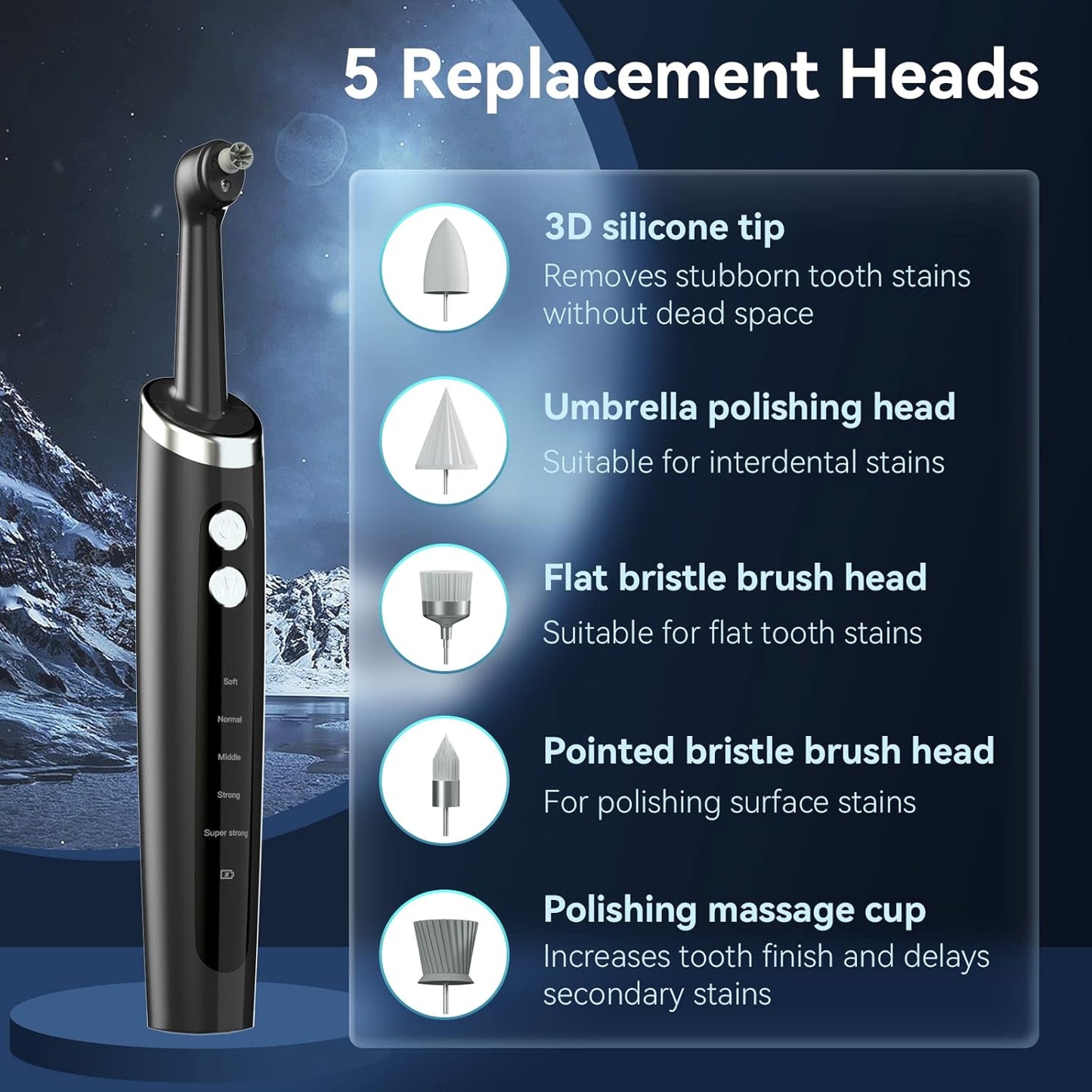 Rechargeable Tooth Polisher - 5 Replacement Heads & Cleaning Modes | USB Waterproof Stain Remover for Adults & Kids