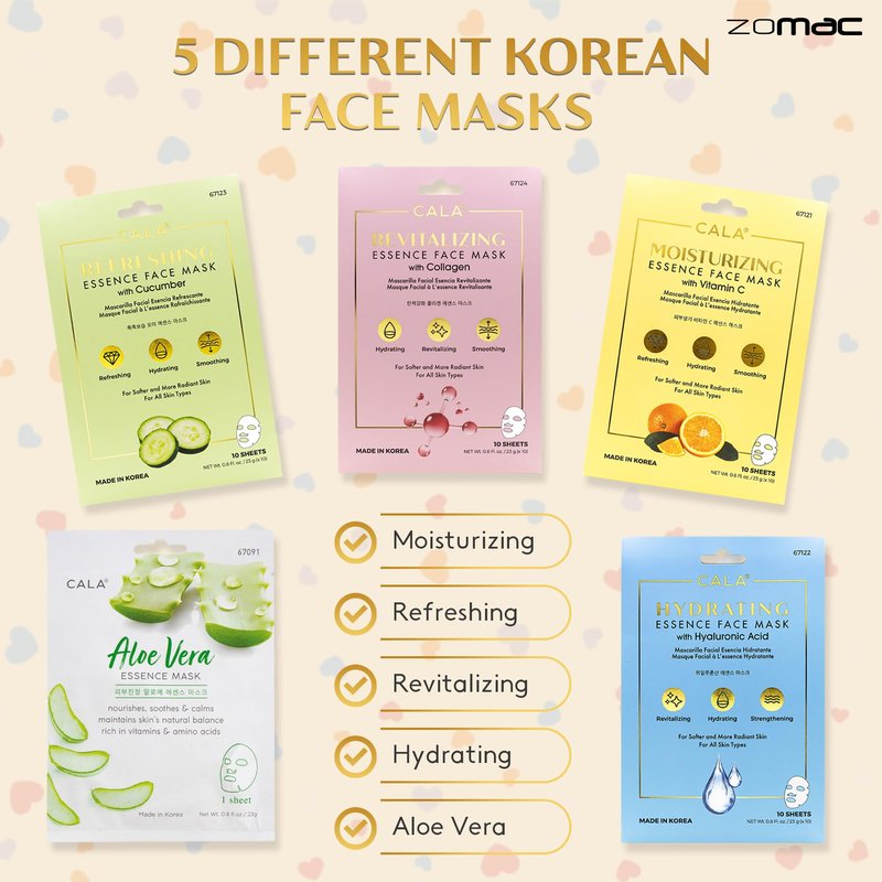 Zomac Face Mask Gift Set -10 Items- Cala Collagen, Cucumber, Aloe Vera, Vitamin C, and Hyaluronic Acid Face Masks, Eye Patches, and Foot Masks. Includes Gift Bag and Custom Shower Cap.