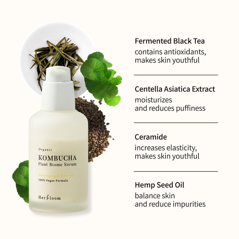 Herbloom Organic Kombucha Biome Serum - Deep Moisturizing and Hydrating Serum, Ceramide and Triple Hyaluronic Acid, Non Sticky, Korean Essence, Vegan - 1.69 fl.oz.