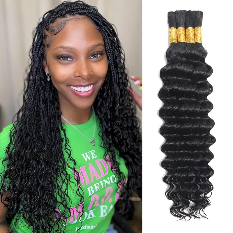 Human Braiding Hair for Boho Braids 100g 18 Inch Deep Wave Bulk Human Hair for Braiding Knotless No Weft 12A Wet and Wavy Curly Human Hair Extensions Bohemian 4 Bundles Natural Color