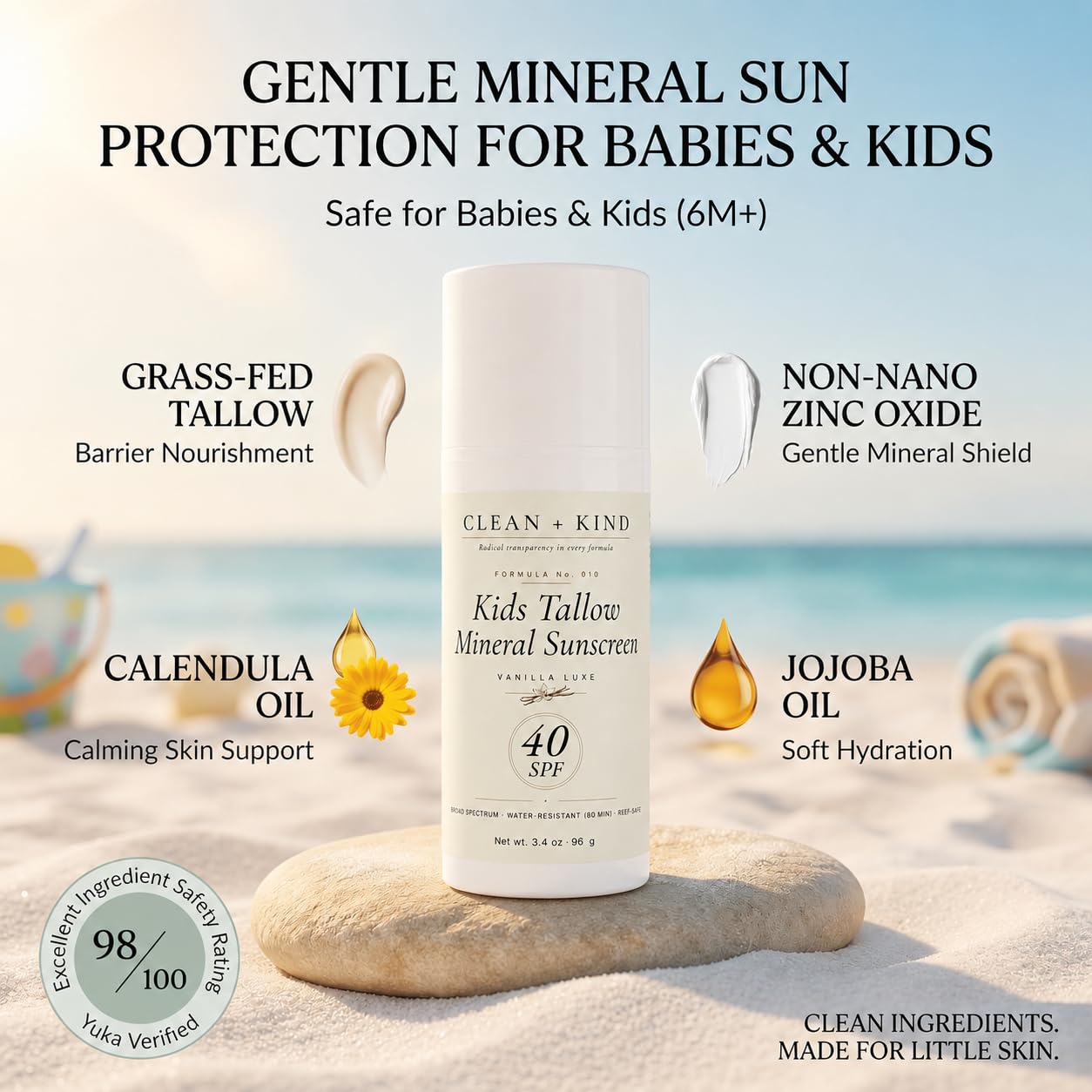 Clean + Kind Kids Sunscreen Mineral SPF 40 Vanilla — Non Toxic Baby & Toddler Sunblock with Non-Nano Zinc Oxide, Grass-Fed Tallow, Natural Reef-Safe Sun Lotion, No White Cast for Sensitive Skin