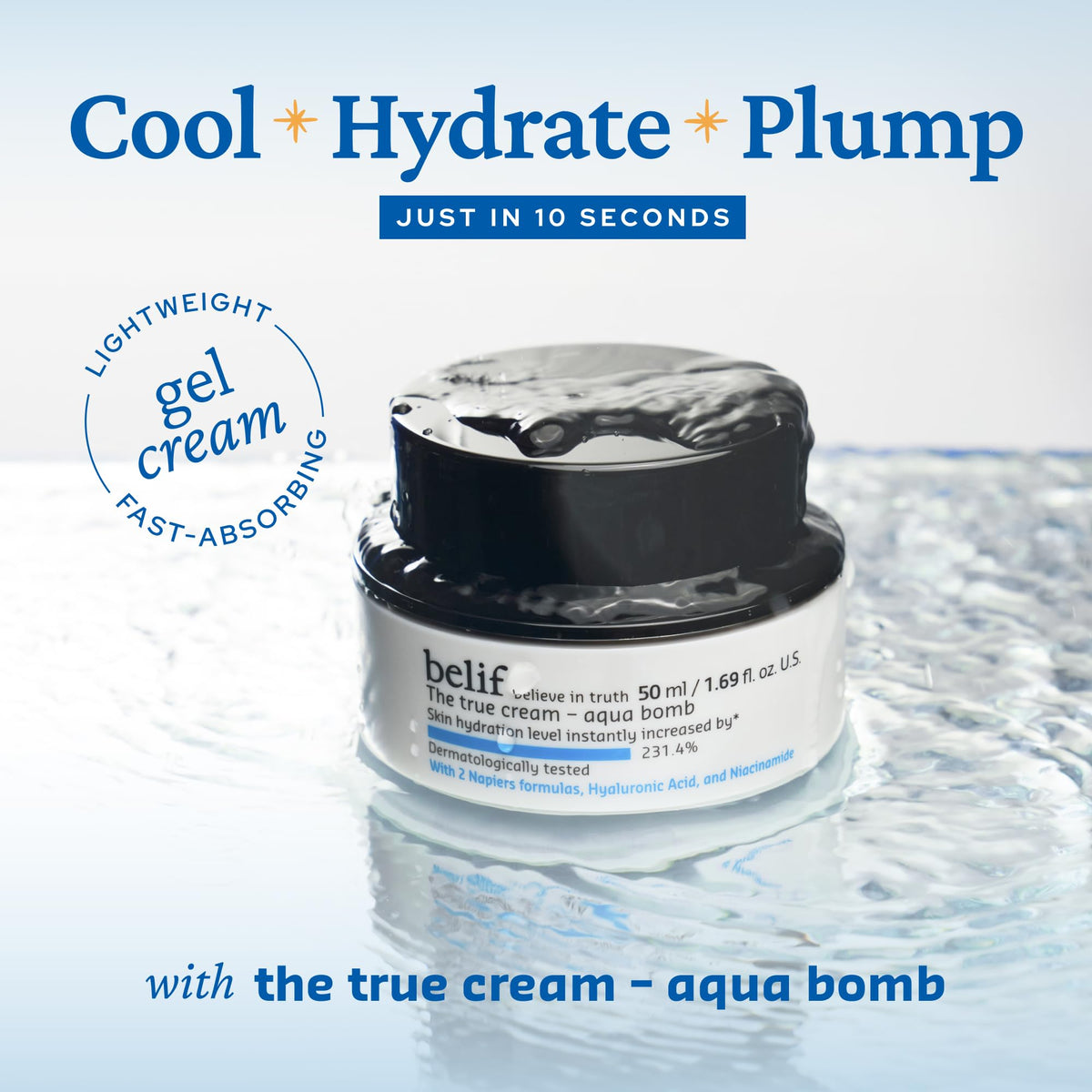 belif Aqua Bomb – Daily Niacinamide Hydrating Moisturizer, Lightweight Plumping Facial Cream with Hyaluronic Acid & Squalane, Cooling Effect, Anti-Aging, Korean Skincare, 1.68 fl oz (50ml)