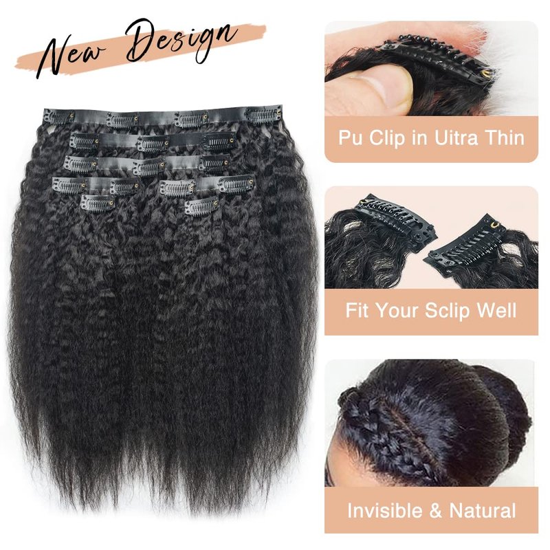 Kinky Straight Clip-In Hair Extensions for Black Women | Real Human Hair, 18 Inch, 120 Grams, Seamless PU Design